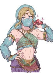 Rule 34 | 1boy, 64ibon, bare shoulders, blonde hair, bright pupils, commentary request, detached sleeves, earrings, fingernails, gerudo set (zelda), green eyes, hand on own hip, hand up, highres, holding, jewelry, link, looking at viewer, male focus, medium hair, mouth veil, navel, nintendo, pants, purple pants, ring, shirt, simple background, sleeveless, sleeveless shirt, solo, the legend of zelda, the legend of zelda: breath of the wild, veil, white background, white pupils