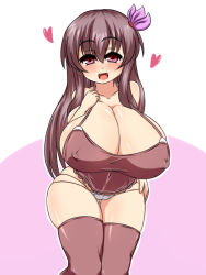 Rule 34 | 10s, 1girl, blush, breasts, brown hair, cameltoe, cleavage, cleft of venus, collarbone, covered erect nipples, curvy, female focus, gigantic breasts, hair ornament, kantai collection, kisaragi (kancolle), long hair, looking at viewer, moyashi udon, open mouth, panties, plump, red eyes, shortstack, simple background, skindentation, smile, solo, standing, thick thighs, thigh gap, thighhighs, thighs, underwear, white panties, wide hips