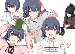Rule 34 | !, 2girls, apron, arms up, axe, black hair, black ribbon, blue eyes, blue hair, blunt bangs, casual, closed mouth, clothes writing, collared shirt, commentary request, cropped torso, cup, drawstring, drinking glass, dutch angle, english text, food, fruit, grey shirt, grey skirt, hair over shoulder, high ponytail, holding, holding axe, holding cup, hood, hood down, hoodie, idolmaster, idolmaster shiny colors, jacket, licking lips, long hair, long sleeves, looking at object, looking at viewer, looking to the side, maruoka wakana, morino rinze, multiple girls, multiple persona, neck ribbon, object on head, object request, one side up, open mouth, pink shirt, plaid, plaid shirt, purple apron, red eyes, ribbon, shirt, short hair, short sleeves, sidelocks, sign, simple background, skewer, skirt, smile, strawberry, swept bangs, teeth, tongue, tongue out, triangle, two-tone shirt, upper body, upper teeth only, voice actor connection, warning sign, warubo, white background, white hoodie, white jacket