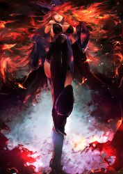 Rule 34 | 1girl, bare shoulders, blazblue, blazblue: central fiction, boots, breasts, cleavage, detached sleeves, female focus, fire, gurameri, hair over one eye, hat, konoe a. mercury, large breasts, long hair, red hair, solo, thigh boots, thighhighs, witch hat
