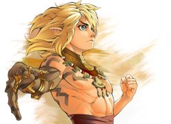 Rule 34 | 1boy, blonde hair, clenched hand, dannydjoestar, green eyes, highres, jewelry, link, looking to the side, medium hair, necklace, nintendo, pointy ears, shoulder tattoo, simple background, solo, tattoo, the legend of zelda, the legend of zelda: tears of the kingdom, topless male, upper body, white background