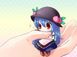 Rule 34 | 1girl, :&gt;, biting, blue hair, chibi, female focus, finger biting, food, food as clothes, fruit, fummy, hat, hinanawi tenshi, in palm, long hair, mini person, minigirl, musical note, peach, red eyes, solo, solo focus, touhou