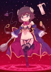 Rule 34 | 1girl, ahoge, bare shoulders, boots, bow, bowtie, brown eyes, brown hair, child, cosplay, costume switch, demon girl, demon horns, demon tail, detached sleeves, female focus, frilled sleeves, frills, full body, garter belt, groin, horns, looking at viewer, machikado mazoku, magic circle, navel, open mouth, pikuharu, short hair, solo, spork, statue, tail, thigh boots, thighhighs, waist cape, wide sleeves, yoshida ryouko, yoshida yuuko (machikado mazoku)