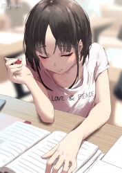 Rule 34 | 2girls, black hair, blurry, blurry background, closed eyes, closed mouth, clothes writing, collarbone, commentary request, english text, holding, holding pen, jonsun, misaki (jonsun), multiple girls, original, pen, short hair, sitting, solo, solo focus, table, twitter username