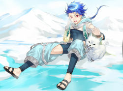 Rule 34 | 1boy, 1other, aged down, angry, animal, asymmetrical bangs, bad id, bad pixiv id, biting, biting clothes, blue hair, bodysuit, bodysuit under clothes, bracelet, braid, braided ponytail, capelet, changye, chinese commentary, clothing cutout, cu chulainn (fate), dog, earrings, fang, fate/grand order, fate/grand order arcade, fate (series), floating hair, high collar, hood, hood down, jewelry, leg warmers, long hair, male focus, open mouth, outdoors, puffy pants, puppy, red eyes, sandals, setanta (fate), sitting, skin tight, slit pupils, snow, spiked hair, thigh cutout