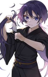Rule 34 | 1boy, black kimono, cutting hair, cutting own hair, genshin impact, gyoju (only arme nim), hair between eyes, highres, holding, holding knife, japanese clothes, kimono, knife, long hair, looking at viewer, male focus, obi, purple eyes, purple hair, sash, scaramouche (genshin impact), severed hair, simple background, solo, upper body, white background, wide sleeves