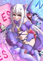 Rule 34 | 1girl, absurdres, animal ears, bare shoulders, bow, breasts, brown eyes, cosplay, death5034, elbow gloves, barghest (fate), melusine (fate), baobhan sith (fate), fang, fate/grand order, fate (series), fur-trimmed gloves, fur-trimmed legwear, fur collar, fur trim, gloves, highres, huge filesize, lace, lace-trimmed legwear, lace trim, long hair, looking at viewer, mash kyrielight, mash kyrielight (dangerous beast), mash kyrielight (dangerous beast) (cosplay), morgan le fay (fate), navel, o-ring, official alternate costume, purple gloves, purple legwear, revealing clothes, sidelocks, small breasts, stuffed toy, tail, tearing up, thighs, weapon, white hair, wolf ears, wolf tail