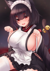 Rule 34 | 1girl, absurdres, animal ear fluff, animal ears, apron, azur lane, bell, breasts, brown dress, brown hair, cat ears, cat tail, clothing cutout, cross-laced clothes, cross-laced cutout, dress, fang, frilled hairband, frills, hairband, highres, maid, maid headdress, medium hair, official alternate costume, open mouth, paw pose, red eyes, ryara, sideboob, sideless outfit, sitting, solo, tail, tail bell, tail ornament, thick eyebrows, thighhighs, wa maid, white apron, white thighhighs, wide sleeves, yamashiro (azur lane), yamashiro (sales clerk offensive?!) (azur lane), zettai ryouiki