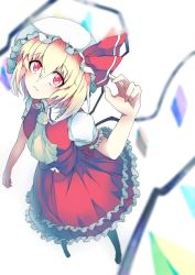 Rule 34 | 1girl, arm up, ascot, black pantyhose, blonde hair, blush, bow, chiruru96, crystal, flandre scarlet, frilled skirt, frills, hat, hat bow, looking up, mob cap, no shoes, pantyhose, ponytail, puffy sleeves, red eyes, shirt, short hair, short sleeves, side ponytail, simple background, skirt, skirt set, solo, touhou, vest, wavy mouth, white background, wings