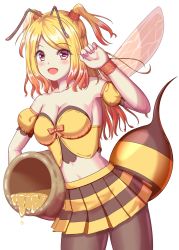 Rule 34 | 1girl, arthropod girl, bee girl, black pantyhose, blonde hair, blush, breasts, cleavage, gradient hair, highres, honey, insect girl, long hair, looking at viewer, medium breasts, monster girl, multicolored hair, nail polish, orange hair, original, pantyhose, pink eyes, short twintails, simple background, skirt, smile, solo, striped clothes, striped skirt, twintails, two side up, white background, yukimura chisa
