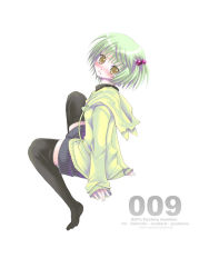 Rule 34 | 1girl, animal hood, black thighhighs, closed mouth, frown, full body, green hair, hair bobbles, hair ornament, hood, hood down, hoodie, long sleeves, no shoes, one side up, original, sakurai unan, short hair, shorts, simple background, sitting, solo, tears, text focus, thighhighs, white background, yellow eyes, zettai ryouiki