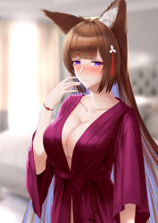 Rule 34 | 1girl, absurdres, amagi (azur lane), animal ears, arm at side, azur lane, bedroom, blunt bangs, blurry, blurry background, blush, breasts, brown hair, cleavage, fox ears, fox girl, frozen-sad, hair ornament, hand up, highres, indoors, large breasts, light smile, long hair, looking at viewer, multicolored hair, nose blush, pajamas, purple eyes, sash, solo, two-tone hair, upper body, wide sleeves