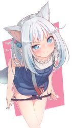Rule 34 | 1girl, animal ears, blue eyes, blue hair, blue skirt, buttons, cat ears, cube hair ornament, frilled sleeves, frills, gawr gura, gawr gura (casual), hair ornament, highres, hololive, hololive english, kiirokuma, looking at viewer, medium hair, miniskirt, multicolored hair, panties, panty pull, pulled by self, shirt, short sleeves, side ponytail, skirt, skirt set, smile, smug, solo, streaked hair, suspenders, underwear, virtual youtuber, white hair, white shirt
