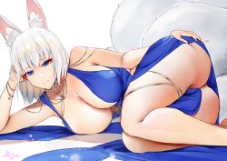 Rule 34 | 1girl, animal ears, arm support, ass, azur lane, bare legs, bare shoulders, blue dress, blue eyes, breasts, cleavage, clothes between thighs, commentary request, dress, expressionless, fox ears, fox girl, fox tail, hand on own ass, head rest, jewelry, kaga (azur lane), kaga (exalted white wings) (azur lane), kitsune, large breasts, legs, looking at viewer, lying, medium hair, miyo (miyostage), multiple tails, necklace, no bra, no panties, on side, silver hair, sleeveless, sleeveless dress, solo, tail, thighs, upskirt