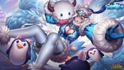 Rule 34 | 1girl, ahri (league of legends), animal ears, bird, blue eyes, blue gloves, blush, breasts, citemer, cleavage, cleavage cutout, clothing cutout, fox ears, fox girl, fox tail, fur, gloves, large breasts, league of legends, looking to the side, penguin, poro (league of legends), tail, white hair
