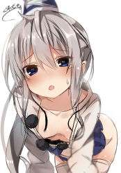 Rule 34 | 1girl, areola slip, bent over, blouse, blue eyes, blurry, blush, collarbone, colorized, downblouse, extended downblouse, greatmosu, green hair, grey hair, hat, hat ribbon, heart, heart-shaped pupils, highres, long hair, long sleeves, looking at viewer, mononobe no futo, no bra, no panties, open clothes, open mouth, open shirt, ponytail, ribbon, shirt, signature, simple background, sketch, skirt, solo, sweat, symbol-shaped pupils, tate eboshi, thighhighs, touhou, white background, white thighhighs, wide sleeves