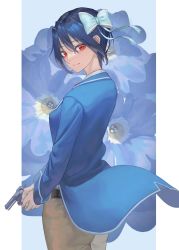 Rule 34 | 1girl, blue flower, blue hair, blue jacket, bow, brown pants, closed mouth, commentary request, cowboy shot, flower, from side, green bow, gun, hair bow, handgun, highres, holding, holding gun, holding weapon, jacket, long sleeves, looking at viewer, looking back, makitoshi0316, mole, mole under eye, nisekoi, pants, red eyes, short hair, smile, solo, tsugumi seishirou, weapon