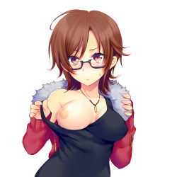 Rule 34 | 1girl, asagi yuna, bad id, bad pixiv id, black-framed eyewear, black dress, blush, breast slip, breasts, brown hair, collarbone, dress, glasses, jacket, jewelry, large breasts, necklace, nipples, no bra, off shoulder, one breast out, open clothes, open jacket, original, pendant, red eyes, solo, strap pull