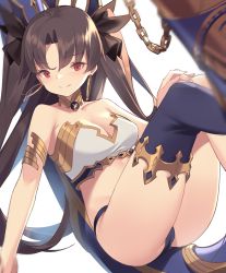 Rule 34 | 1girl, ass, bare shoulders, black ribbon, black thighhighs, breasts, brown hair, cleavage, closed mouth, collarbone, commentary request, crop top, earrings, fate/grand order, fate (series), hair between eyes, hair ribbon, hoop earrings, ishtar (fate), jewelry, kildir, knees up, long hair, parted bangs, red eyes, ribbon, single thighhigh, small breasts, smile, solo, strapless, thighhighs, tiara, two side up, very long hair, white background