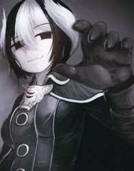 Rule 34 | 1girl, black cape, black eyes, black gloves, black hair, black shirt, blurry, breasts, buttons, cape, colored skin, depth of field, female focus, gloves, gradient background, grey background, grey theme, greyscale, hair between eyes, half-closed eyes, hand up, happy, highres, long sleeves, looking at viewer, made in abyss, medium breasts, monochrome, multicolored hair, ozen, parted lips, reaching, reaching towards viewer, shirt, short hair, sidelocks, simple background, smile, solo, two-tone hair, upper body, whistle, whistle around neck, white hair, white skin, yellowparrot