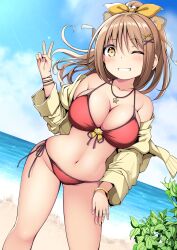 Rule 34 | 1girl, beach, bikini, blue sky, blush, breasts, brown hair, cleavage, cloud, day, grin, hair ornament, hair ribbon, hairclip, highres, jacket, jewelry, kuromayu, large breasts, long hair, looking at viewer, necklace, ocean, one eye closed, open clothes, open jacket, orange eyes, original, outdoors, plant, ponytail, red bikini, ribbon, sky, smile, solo, star (symbol), star necklace, swimsuit, v, x hair ornament, yellow jacket