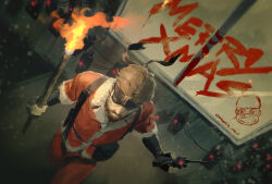 1boy beard black_gloves brown_hair c4 connected_beard explosive eyepatch facial_hair fingerless_gloves fire gloves highres holding holding_detonator holding_torch male_focus merry_christmas metal_gear_(series) metal_gear_solid_v:_the_phantom_pain santa_costume saru_getchu short_hair solo souyuu torch venom_snake winter