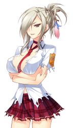 Rule 34 | 1girl, amagai yukino, breasts, brown eyes, cleavage, collarbone, crossed arms, game cg, grey hair, hair over one eye, large breasts, legs, looking at viewer, necktie, ponytail, school uniform, simple background, skirt, smile, solo, standing, thighs, torn clothes, tsuyokiss next shokaiban, white background