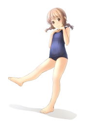 Rule 34 | 1girl, bare arms, bare legs, bare shoulders, barefoot, blue one-piece swimsuit, braid, brown eyes, brown hair, closed mouth, commentary request, full body, hands up, highres, long hair, looking at viewer, low twintails, old school swimsuit, one-piece swimsuit, original, school swimsuit, shadow, shibacha, smile, solo, standing, standing on one leg, swimsuit, twin braids, twintails, white background