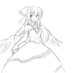 Rule 34 | 1girl, adapted costume, bow, detached collar, dress, elbow gloves, gloves, hair bow, isaki (gomi), long hair, monochrome, reiuji utsuho, sketch, smile, solo, third eye, touhou, wedding dress, wings