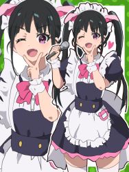 Rule 34 | 1girl, ;d, absurdres, akiba maid sensou, animal ears, apron, black hair, black skirt, bow, fake animal ears, highres, holding, holding microphone, homulily, long hair, maid, maid apron, microphone, one eye closed, open mouth, pig ears, pink bow, puffy short sleeves, puffy sleeves, purple eyes, short sleeves, skirt, smile, standing, thighhighs, twintails, v, white thighhighs, wrist cuffs, yumechi (akiba maid sensou), zoom layer