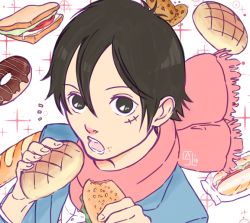 Rule 34 | 10s, 1boy, 2016, alternate costume, blazer, bread, doughnut, eating, food, looking at viewer, male focus, monkey d. luffy, one piece, open mouth, package, sandwich, scar, scarf, solo