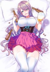 Rule 34 | 1girl, :d, alcohol, bad id, bad pixiv id, beer bottle, blush, bottle cap, breasts, corset, drunk, green eyes, highres, large breasts, long hair, looking at viewer, lying, nan, on back, on bed, open mouth, pillow, pink skirt, purple hair, skirt, smile, thighhighs, thighs, white thighhighs