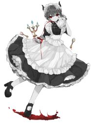 Rule 34 | 1girl, absurdres, apron, artist name, black dress, black footwear, blood, blood on hands, blue fire, bright pupils, candelabra, candle, candlestand, closed mouth, cup, dot mouth, dress, fire, fork, frilled apron, frills, full body, grey background, greyscale, highres, holding, holding cup, holding teapot, horns, looking at viewer, maid, maid apron, maid headdress, monochrome, okome 0216, original, pouring, red eyes, short sleeves, simple background, solo, spoon, spot color, standing, standing on one leg, straight-on, tachi-e, teapot, twitter username, watermark, white apron, white pupils
