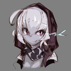 Rule 34 | 10s, 1girl, abyssal ship, ahoge, deel (rkeg), glowing, glowing eyes, highres, hood, hoodie, kantai collection, monochrome, open clothes, purple eyes, re-class battleship, scarf, smirk, solo, upper body, white hair