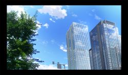 Rule 34 | black border, blue sky, border, building, city, cloud, commentary request, day, kawamoto ruka, no humans, original, outdoors, reflection, scenery, sky, skyscraper, third-party edit, tree