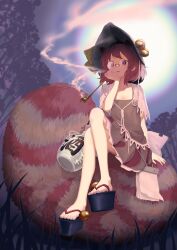 Rule 34 | 1girl, animal ears, berabou, brown dress, brown eyes, capelet, commentary request, crossed legs, dress, feet, full body, futatsuiwa mamizou, glasses, gourd, grey headwear, hat bell, highres, kiseru, large tail, legs, looking at viewer, medium hair, okobo, open mouth, outdoors, platform clogs, raccoon ears, raccoon girl, raccoon tail, round eyewear, sandals, smoke, smoking pipe, solo, tail, toenails, toes, touhou, tree, white capelet