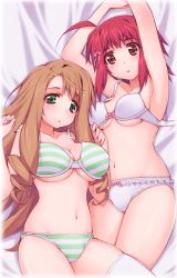 Rule 34 | 2girls, :o, ahoge, arms up, artist request, bed sheet, bow, bow bra, bow panties, bra, breasts, brown eyes, brown hair, bullet girls, character request, cleavage, drill hair, frilled panties, frills, green eyes, hinomoto aya, kanezono yurina, large breasts, long hair, looking at viewer, lying, multiple girls, navel, official art, on back, open clothes, panties, parted lips, red hair, short hair, strap slip, striped clothes, striped panties, thighhighs, underboob, underwear, underwear only, white panties