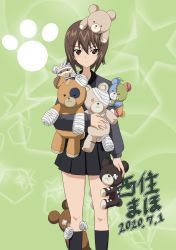 Rule 34 | 1girl, :|, bandages, bandaid, black skirt, black socks, boko (girls und panzer), brown eyes, brown hair, character name, closed mouth, commentary, dated, dress shirt, expressionless, eyepatch, girls und panzer, green background, grey shirt, highres, holding, holding stuffed toy, kneehighs, kuromorimine school uniform, long sleeves, looking at viewer, miniskirt, nao (nao puku777), nishizumi maho, paw print, pentagon (shape), pleated skirt, school uniform, shirt, short hair, skirt, socks, solo, standing, star (symbol), starry background, stitches, stuffed animal, stuffed toy, teddy bear