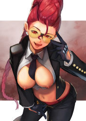 Rule 34 | 1girl, absurdres, between breasts, black gloves, braid, braided ponytail, breasts, cosplay, crimson viper, crimson viper (cosplay), cropped shirt, earrings, glasses, gloves, highres, hinoru saikusa, jacket, jewelry, large breasts, leaning forward, licking lips, long hair, looking at viewer, mature female, midriff, navel, necktie, necktie between breasts, nipples, open clothes, open fly, open jacket, open shirt, panties, pants, red eyes, red hair, red panties, solo, street fighter, street fighter iv (series), the king of fighters, tinted eyewear, tongue, tongue out, trait connection, underwear, vanessa (kof), very long hair