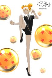 Rule 34 | 1other, androgynous, black footwear, black necktie, black shorts, collared shirt, colored skin, copyright name, crystal hair, dated, double bun, dragon ball, dragon ball (object), english text, fighting stance, gem uniform (houseki no kuni), hair bun, highres, houseki no kuni, kurodai, nail polish, necktie, orange eyes, orange hair, orange nails, other focus, personification, shirt, short shorts, shorts, slippers, solo, standing, standing on one leg, twitter username, white background, white skin