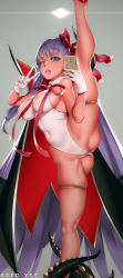 Rule 34 | 1girl, artist name, bare shoulders, bb (fate), bb (fate), bb (swimsuit mooncancer) (fate), blush, breasts, cape, cellphone, covered navel, covered erect nipples, fate/grand order, fate (series), flexible, gloves, hair ribbon, large breasts, leg up, long hair, looking at viewer, one-piece swimsuit, one eye closed, open mouth, phone, purple eyes, purple hair, ribbon, see-through silhouette, simple background, smartphone, solo, split, standing, standing on one leg, swimsuit, tentacles, v, very long hair, viola (seed), white gloves, white one-piece swimsuit
