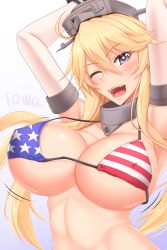 Rule 34 | 10s, 1girl, ;d, akitsuki karasu, american flag bikini, american flag print, armpits, arms up, bikini, blonde hair, blush, bouncing breasts, breasts, character name, collarbone, covered erect nipples, elbow gloves, eyebrows, flag print, gloves, grey hat, hair between eyes, hat, headgear, highres, iowa (kancolle), jewelry, kantai collection, large breasts, long hair, looking at viewer, motion lines, neck ring, one eye closed, open mouth, print bikini, purple eyes, shiny skin, smile, solo, star-shaped pupils, star (symbol), star print, strap gap, swimsuit, symbol-shaped pupils, tsurime, underboob, upper body, white gloves, wrist cuffs