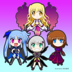 Rule 34 | 4girls, armor, belt bra, black thighhighs, blonde hair, blue eyes, blue hair, blush, bow, brown hair, cape, chibi, crossed arms, fingerless gloves, gloves, gradient background, green eyes, grey hair, grin, hair ribbon, long hair, lyrical nanoha, mahou shoujo lyrical nanoha, mahou shoujo lyrical nanoha a&#039;s, mahou shoujo lyrical nanoha a&#039;s portable: the gears of destiny, lord dearche, levi the slasher, stern the destructor, midriff, momotensi, multicolored hair, multiple girls, navel, open mouth, puffy pants, puffy sleeves, purple eyes, ribbon, short hair, skirt, smile, thighhighs, twintails, yuri eberwein, very long hair, wide sleeves, wings, yellow eyes
