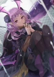 Rule 34 | 1girl, arknights, black dress, black footwear, black pantyhose, blue nails, blunt bangs, boots, breasts, chain-link fence, commentary request, dress, fence, fingers together, hair ornament, head wings, highres, jewelry, long hair, long sleeves, looking at viewer, manticore (arknights), manticore (invisible dirge) (arknights), medium breasts, nail polish, necklace, official alternate costume, pantyhose, pointy ears, purple eyes, purple hair, saiko (saisaka), scorpion tail, shoe soles, short dress, sitting, solo, tail, twintails, wings