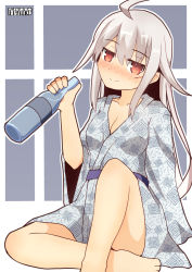 Rule 34 | 1girl, ahoge, alcohol, alternate costume, belt, blush, breasts, cleavage, drink, facial scar, gangut (kancolle), grey hair, hair between eyes, highres, japanese clothes, kantai collection, kimono, long hair, looking at viewer, medium breasts, no bra, pepatiku, red theme, scar, scar on cheek, scar on face, sitting, smile, solo, underwear, vodka