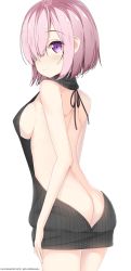 Rule 34 | 1girl, arm at side, ass, backless dress, backless outfit, bare back, bare shoulders, blush, breasts, butt crack, closed mouth, covered erect nipples, cowboy shot, deviantart username, drawstring, dress, fate/grand order, fate (series), from behind, hair over one eye, halterneck, highres, legs together, lineflo, looking at viewer, looking back, mash kyrielight, medium breasts, meme attire, naked sweater, purple eyes, purple hair, ribbed sweater, short hair, shoulder blades, sideboob, simple background, smile, solo, sweater, sweater dress, turtleneck, turtleneck sweater, virgin killer sweater, watermark, web address, white background