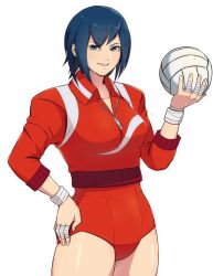 Rule 34 | 1girl, ayuhara natsu, ball, bandaged fingers, bandages, blue eyes, blue hair, breasts, jacket, justice gakuen, red jacket, red shorts, shiritsu justice gakuen, short hair, shorts, simple background, smile, solo, spottylen, thighs, upper body, volleyball, volleyball (object), white background