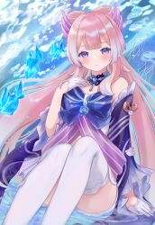 Rule 34 | 1girl, bare shoulders, blue bow, blue choker, bow, choker, commentary request, engasaki sakura, feet out of frame, genshin impact, gloves, highres, long hair, long sleeves, looking at viewer, parted lips, pink hair, purple eyes, sangonomiya kokomi, sitting, solo, thighhighs, very long hair, white gloves, white thighhighs