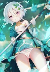 Rule 34 | 1girl, antenna hair, bad id, bad pixiv id, bare shoulders, breasts, closed mouth, commentary request, detached sleeves, dress, dutch angle, flower, gluteal fold, green sleeves, hair between eyes, hair flower, hair ornament, highres, holding, holding polearm, holding spear, holding weapon, kokkoro (princess connect!), long sleeves, nekoya (liu), panties, pointy ears, polearm, princess connect!, puffy long sleeves, puffy sleeves, purple eyes, see-through, see-through sleeves, signature, sleeveless, sleeveless dress, small breasts, smile, solo, spear, split mouth, standing, striped clothes, striped panties, underwear, weapon, white dress, white flower, white hair