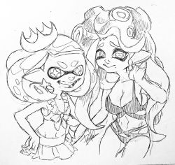 Rule 34 | 2girls, :d, alternate costume, bikini, bikini skirt, breasts, cephalopod eyes, cleavage, closed mouth, collarbone, cross-shaped pupils, earrings, flat chest, furrowed brow, hand on another&#039;s arm, hand up, horizontal pupils, inkling, isamu-ki (yuuki), jewelry, large breasts, long hair, looking at viewer, marina (splatoon), medium hair, mole, mole under mouth, monochrome, multiple girls, navel, nintendo, octoling, open mouth, pearl (splatoon), pointy ears, simple background, smile, splatoon (series), suction cups, swimsuit, symbol-shaped pupils, teeth, tentacle hair, traditional media, v-shaped eyebrows, white background